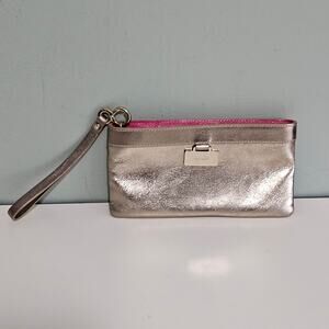Kate Spade Zippered Christy Jane Street Gold Leather Hot Pink Wristlet Pouch
